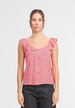 Rood bloemen tanktop met geschulpte schouderbanden, een V-halslijn en een losse pasvorm. Stof met een klein wit bloemenpatroon overal.