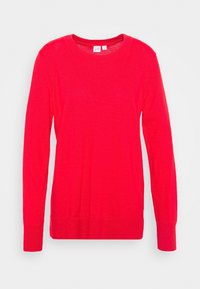 Roter Pullover mit langen Ärmeln aus weichem Material. Mit Rundhalsausschnitt, Rippbündchen und geradem Saum. Einfaches, einfarbiges Design.