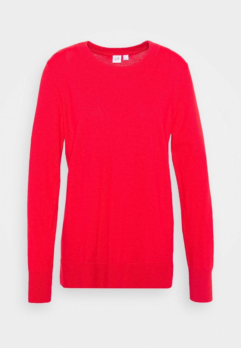 Roter Pullover mit langen Ärmeln aus weichem Material. Mit Rundhalsausschnitt, Rippbündchen und geradem Saum. Einfaches, einfarbiges Design.