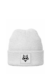 White knitted beanie with a ribbed texture, featuring a foldable cuff and a square patch displaying a black fox graphic.