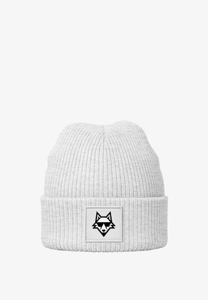 White knitted beanie with a ribbed texture, featuring a foldable cuff and a square patch displaying a black fox graphic.