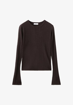 Top a maniche lunghe a coste realizzato in tessuto marrone scuro, con scollo rotondo e polsini svasati per una silhouette distintiva.