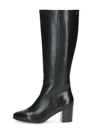 Black leather knee-high boot with a smooth texture, pointed toe, and a block heel. Features a seamless design and subtle branding detail.