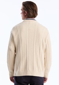 Crème kabelgebreide trui met een textuurpatroon, geribbelde manchetten en zoom, en een licht losvallende pasvorm. De achterkant heeft een ontwerp met een hoge halslijn.