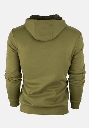 Olivengroene hoodie met een zwart met patroon gevoerde capuchon, ribgebreide manchetten en onderrand en een relaxte pasvorm. Soepele stofstructuur.