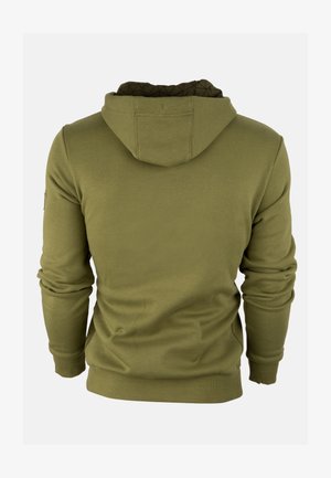 Haut à capuche vert olive avec une doublure noire à motifs dans la capuche, des poignets et un ourlet côtelés, et une coupe décontractée. Texture de tissu lisse.