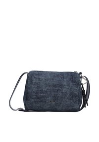 Denim crossbody bag with a zip closure, dark blue color, rectangular shape, textured fabric, and a detachable strap with metal accents.