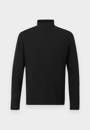 Black turtleneck shirt made of smooth fabric. Features long sleeves and a high collar. Simple design with no additional patterns or accents.