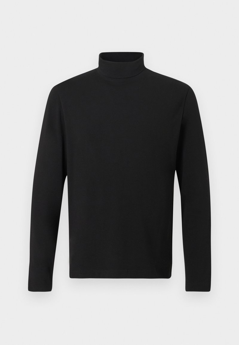 Sort turtleneck skjorte lavet af glat stof. Har lange ærmer og en høj krave. Enkel design uden yderligere mønstre eller accenter.