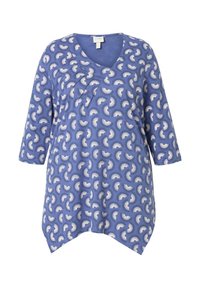 Blaue Tunika mit dreiviertel Ärmeln, die ein wirbelndes weißes Muster und einen V-Ausschnitt aufweist. Weicher Stoff mit einem lockeren, fließenden Design.