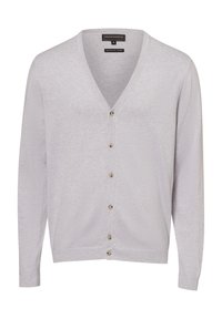 Cardigan grigio chiaro, tessuto lavorato a maglia, design a V, sei bottoni metallici sul davanti, polsini e orlo a coste. Stile semplice e versatile.