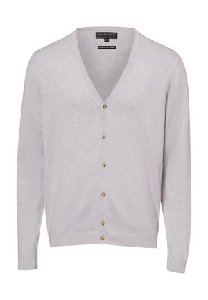 Hellgrauer Cardigan aus Strickstoff, mit V-Ausschnitt-Design, sechs metallischen Knöpfen auf der Vorderseite, gerippten Bündchen und Saum. Schlichtes und vielseitiges Design.