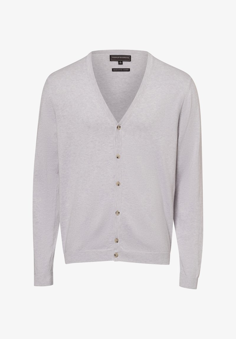 Lichtgrijze cardigan, gebreid stof, V-halsontwerp, zes metalen knopen aan de voorkant, geribbelde manchetten en zoom. Eenvoudige en veelzijdige stijl.
