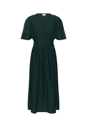 Robe midi vert foncé avec col en V, manches courtes bouffantes, taille cintrée et jupe froncée.