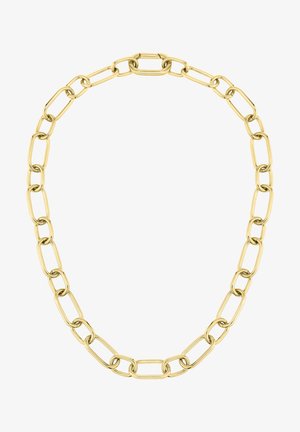 Gold-tone chain necklace featuring elongated, rectangular links with a smooth finish. Consistent thickness throughout with a secure clasp.