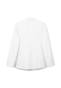Blazer bianco con maniche lunghe, colletto a punte e vestibilità strutturata. Tessuto liscio con dettagli di spacco sul retro e senza chiusure visibili.