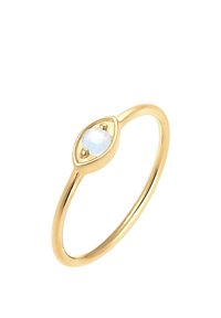 Goldring mit einem tropfenförmigen Opalstein, der in einem glatten Band mit minimalistischem Design und polierter Oberfläche eingefasst ist.