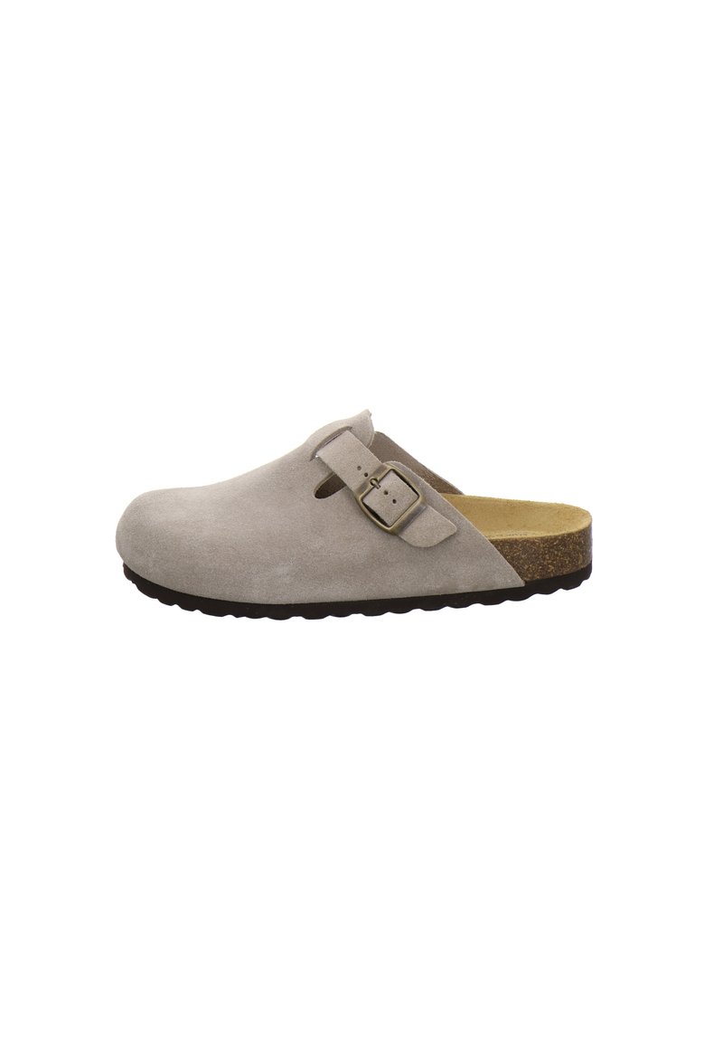 Light gray suede clog with a round toe, adjustable buckle strap, and a brown cork midsole. Textured rubber outsole for grip.