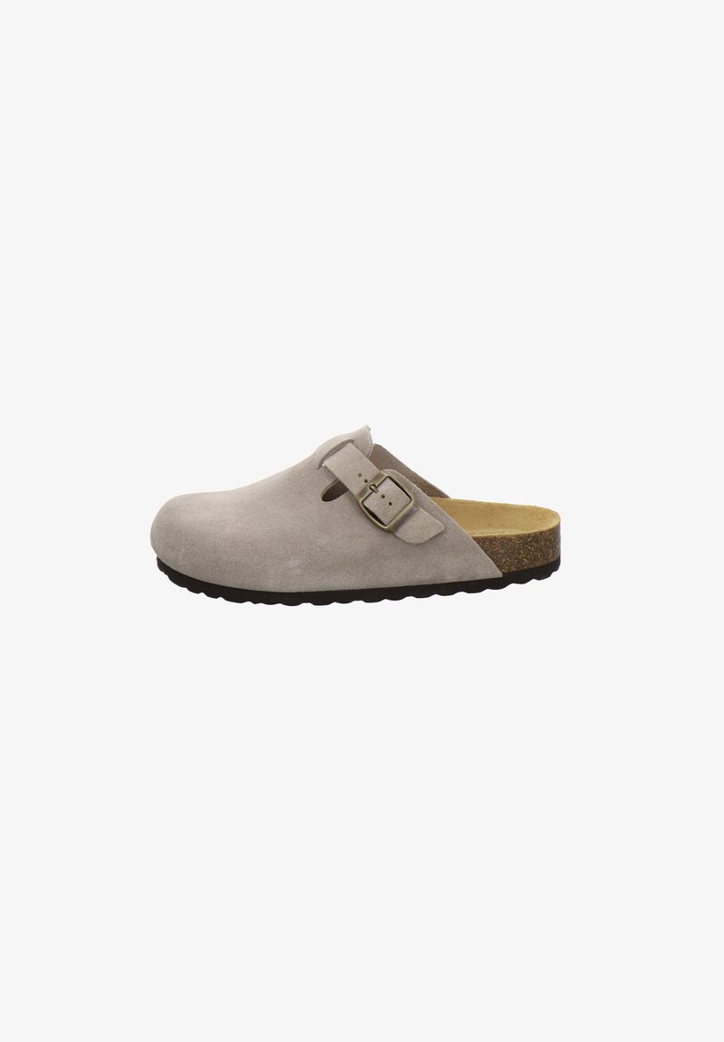 Helles graues Wildleder-Clog mit runder Zehenpartie, verstellbarem Schnallenriemen und einem braunen Kork-Mittelsohle. Strukturierte Gummisohle für guten Halt.