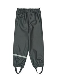 Vodoodporne temno sive dežne hlače z elastičnim pasom, odsevnim trakom in nastavljivimi trakovi na gležnjih za boljše prileganje in udobje.