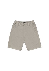 Heren beige shorts gemaakt van lichtgewicht stof, met een elastische tailleband, zijzakken en een knoopsluiting aan de voorkant.