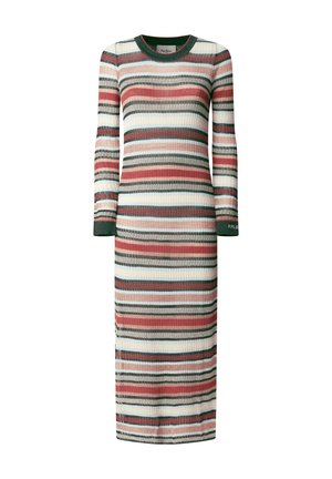 Abito a maniche lunghe a righe in maglia a coste. Presenta strisce alternate di rosso, verde, crema e blu. Collo rotondo e spacchetti laterali.