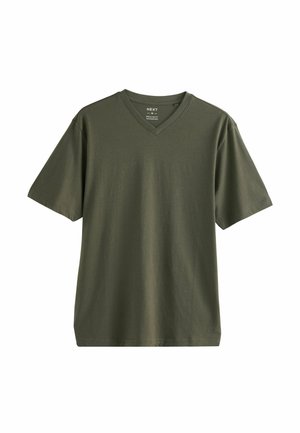 Olive green V-neck t-shirt made from soft cotton fabric. Short sleeves and regular fit with a stitched hem and minimalistic design.
