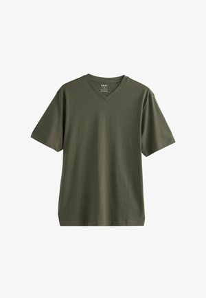 Oliven grøn V-hals t-shirt lavet af blødt bomuldsstof. Korte ærmer og almindelig pasform med en syet kant og minimalistisk design.