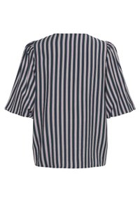 Bluză cu dungi în albastru marin, cu mâneci scurte evazate. Dungile verticale alternează liniile roz și albe. Design casual, lejer.