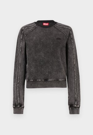 Dark gray sweatshirt with a crew neck; features ribbed cuffs and hem, contrasting side panel stitching, and a small black logo on the chest.