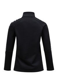 Maglia nera a maniche lunghe con colletto alto, caratterizzata da una texture liscia e maniche raglan. "PEAK" stampato verticalmente sulla manica destra.