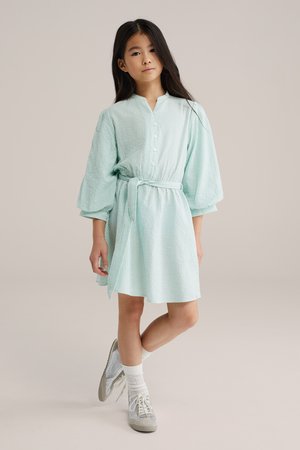 Mladá dívka s dlouhými tmavými vlasy má na sobě světle modré šaty s páskem, nafouklými rukávy a bílými teniskami, stojí na neutrálním pozadí.