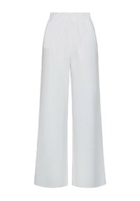Pantaloni a gamba larga bianchi, con vita elastica e texture liscia. Il design mette in risalto una vestibilità ampia e un taglio a lunghezza intera.
