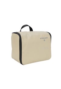 Beige resetoalettväska med svarta accenter, rektangulär design, slät yta, handtag på toppen och logo tryckt på framsidan.