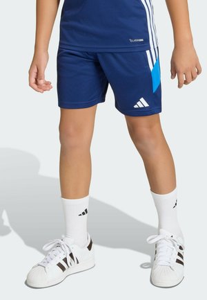 Niño con pantalones cortos deportivos azul marino y camiseta a juego con calcetines blancos Adidas y zapatillas blancas con rayas negras.