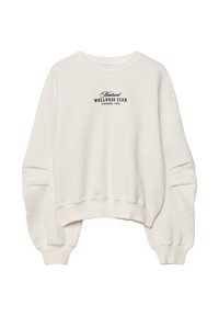 Sweatshirt blanc court avec des manches longues bouffantes et un texte noir "Montreal Wellness Club Canada 1985" au centre avant.