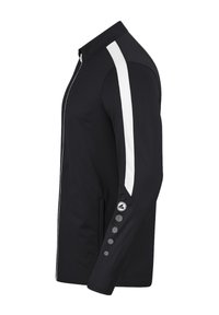 Schwarze Jacke mit weißen Streifen an den Seiten. Verfügt über einen Stehkragen, Knöpfe an den Ärmeln und eine Logo-Akzentierung am Arm.