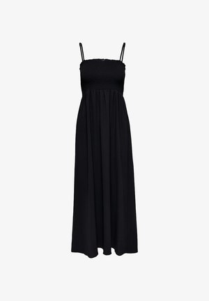 Czarna sukienka maxi bez rękawów z marszczonym gorsetem i cienkimi, regulowanymi ramiączkami, zwiewną spódnicą i sięgającym kostek dołem.