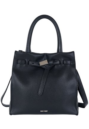 Black textured leather handbag with two handles, a front tie detail with a metal clasp, and a detachable shoulder strap.