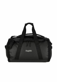 Borsa a duffel nera con doppi manici e tracolle regolabili. Realizzata in materiale resistente, presenta una chiusura superiore con zip e un logo.