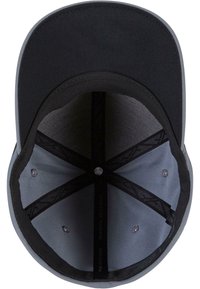Black cap with a curved visor, gray inner lining, and six ventilation holes. Features a structured design with an adjustable interior band.