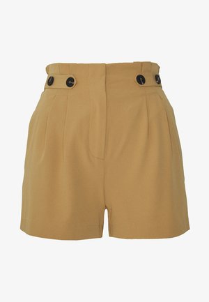 Shorts en kaki taille haute en tissu lisse, avec deux accents de boutons noirs, des plis et des poches latérales.