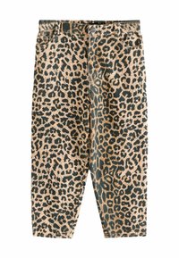 Pantalones vaqueros de estampado de leopardo en tonos marrón y negro. Presentan cinco bolsillos, cierre de botón y piernas ajustadas. Fabricados en denim con una textura suave.