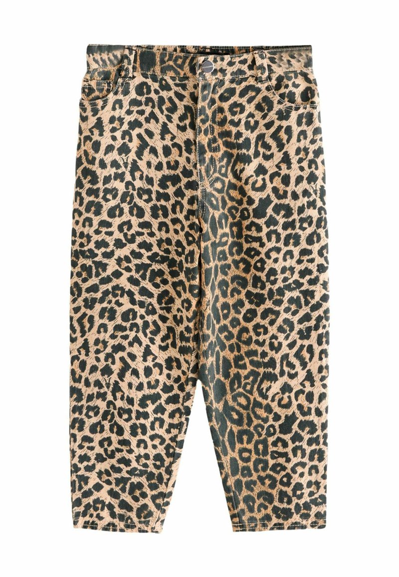 Pantalones vaqueros de estampado de leopardo en tonos marrón y negro. Presentan cinco bolsillos, cierre de botón y piernas ajustadas. Fabricados en denim con una textura suave.