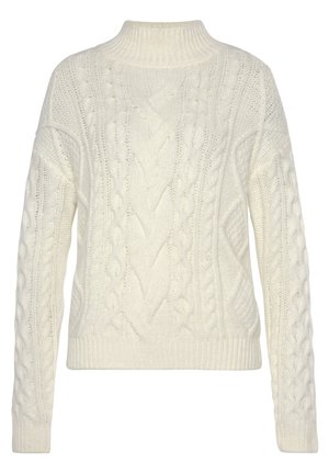 Cream-colored cable knit sweater featuring a high neck, long sleeves, and varying textured patterns throughout the fabric.