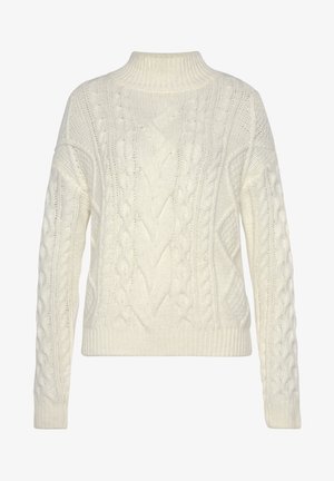 Cream-colored cable knit sweater featuring a high neck, long sleeves, and varying textured patterns throughout the fabric.