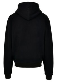 Schwarzer Baumwoll-Hoodie mit klassischem Design, der eine große Kapuze und gerippte Bündchen sowie einen Saum aufweist, was eine entspannte, gemütliche Form schafft.