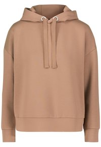 Beige hoodie met een losse pasvorm, voorzien van een trekkoordsluiting, geribde boorden en een zachte textuur. Geen opvallende patronen of logo's.