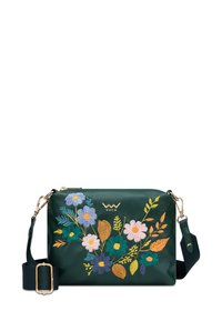 Zelená kožená crossbody taška s živou květinovou výšivkou v modré, růžové a žluté barvě, se zlatým kováním a nastavitelním popruhem.