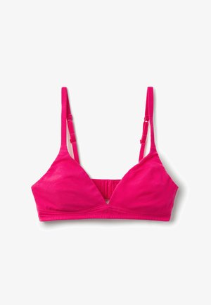Bralette triangular rosa con tirantes ajustables, hecho de una tela suave. Presenta un diseño sencillo y un cierre de gancho en la parte posterior.